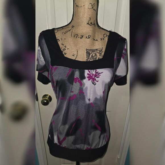 ​Y2K Frenzee USA Square Neck Blouse XL Abstract Floral Striped Top - Picture 2 of 3